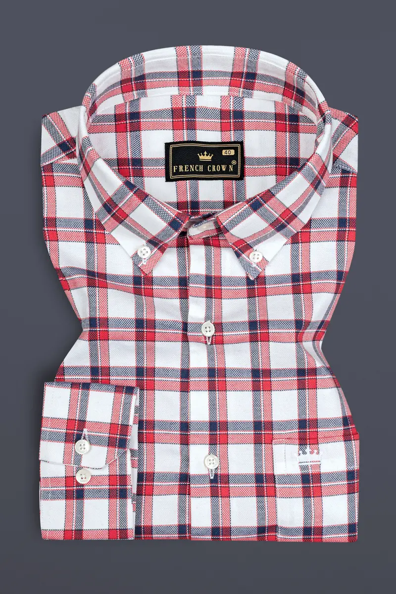 Bright White With Alizarin Red Plaid Dobby Textured Premium Cotton Shirt 3