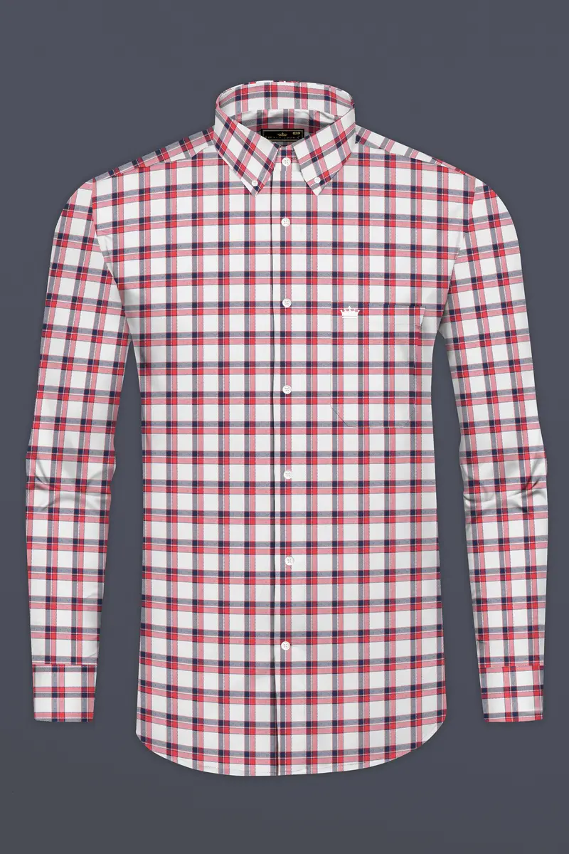 Bright White With Alizarin Red Plaid Dobby Textured Premium Cotton Shirt 4