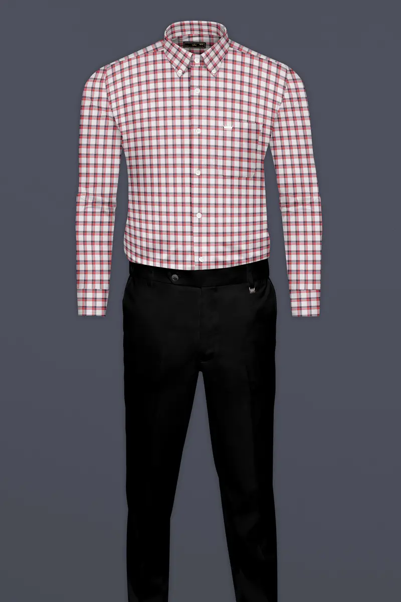 Bright White With Alizarin Red Plaid Dobby Textured Premium Cotton Shirt 6