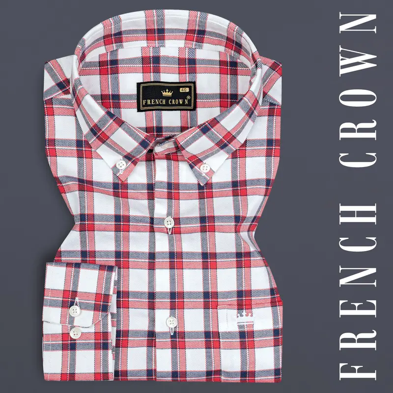 Bright White With Alizarin Red Plaid Dobby Textured Premium Cotton Shirt 7