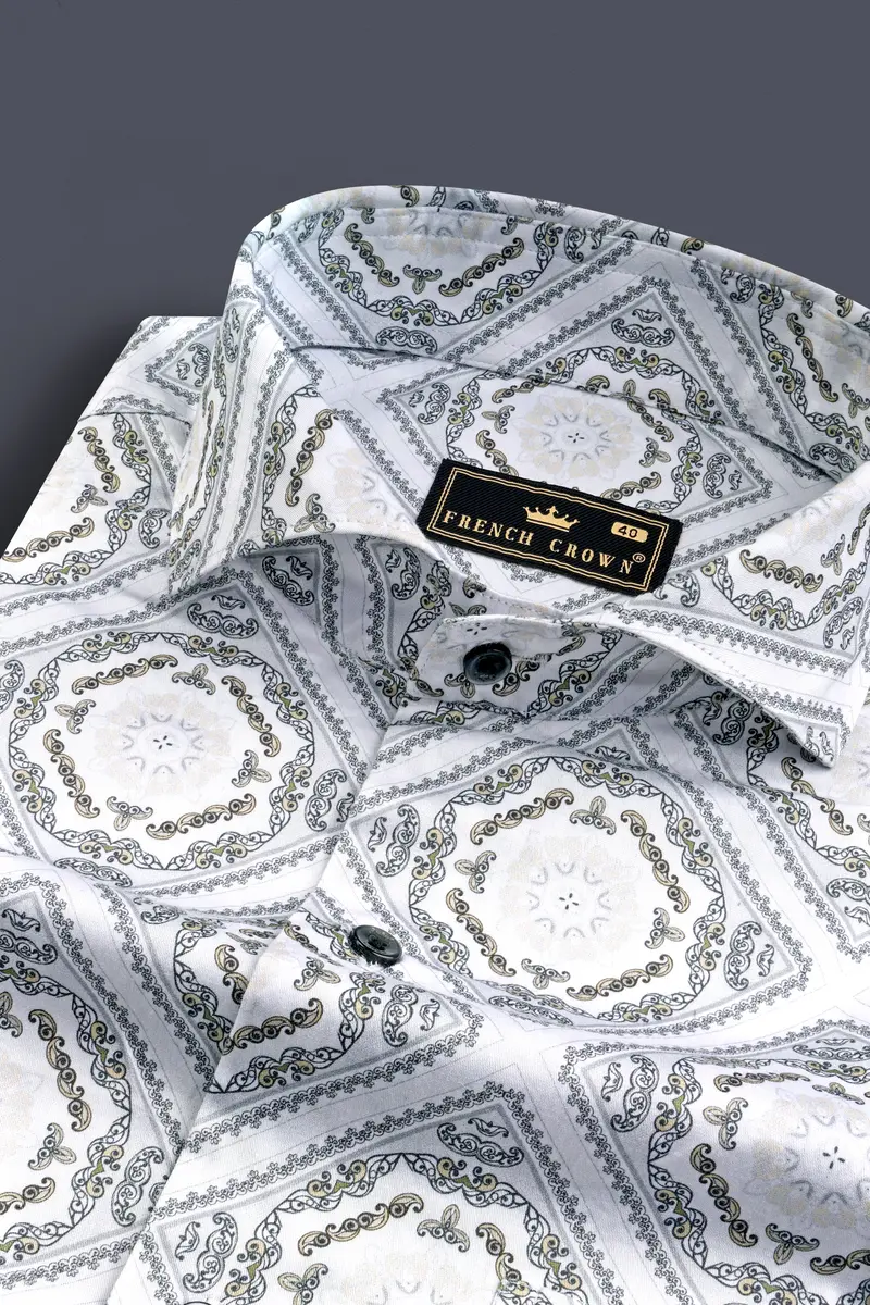 Bright White With Almond Cream Hexagon Printed Super Soft Premium Cotton Shirt 1