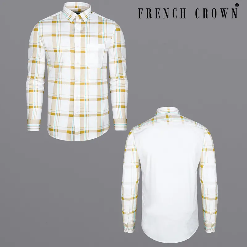 Bright White With Alpine Brown Plaid Premium Cotton Designer Shirt 1