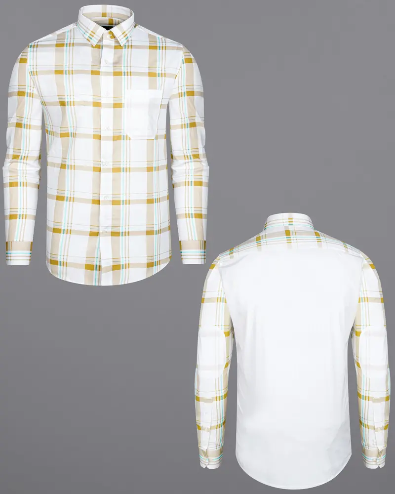 Bright White With Alpine Brown Plaid Premium Cotton Designer Shirt 2