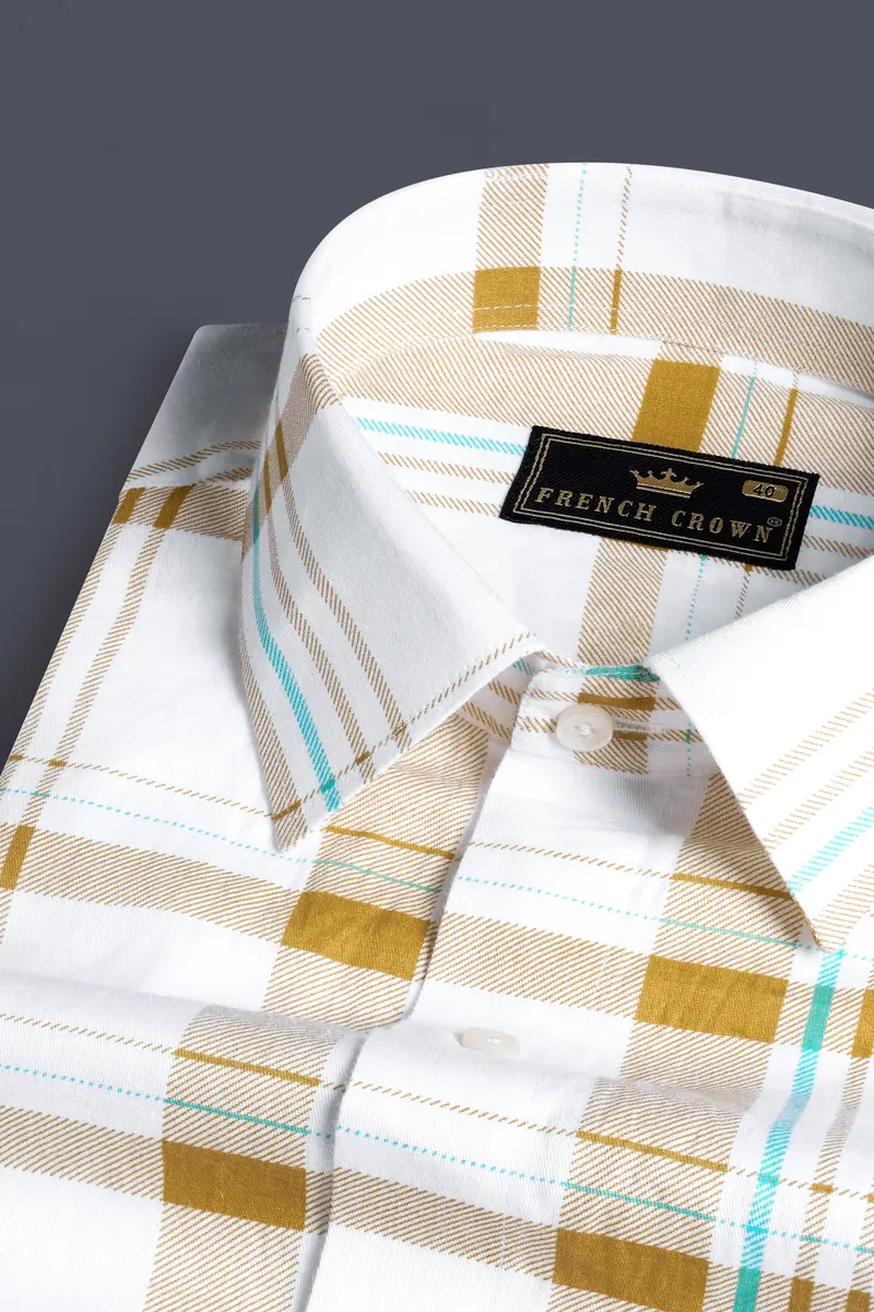 Bright White With Alpine Brown Plaid Premium Cotton Designer Shirt 4
