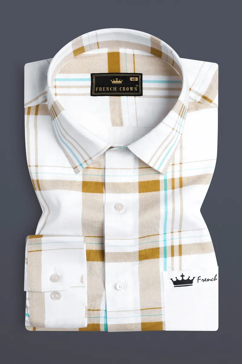 Bright White With Alpine Brown Plaid Premium Cotton Designer Shirt 5