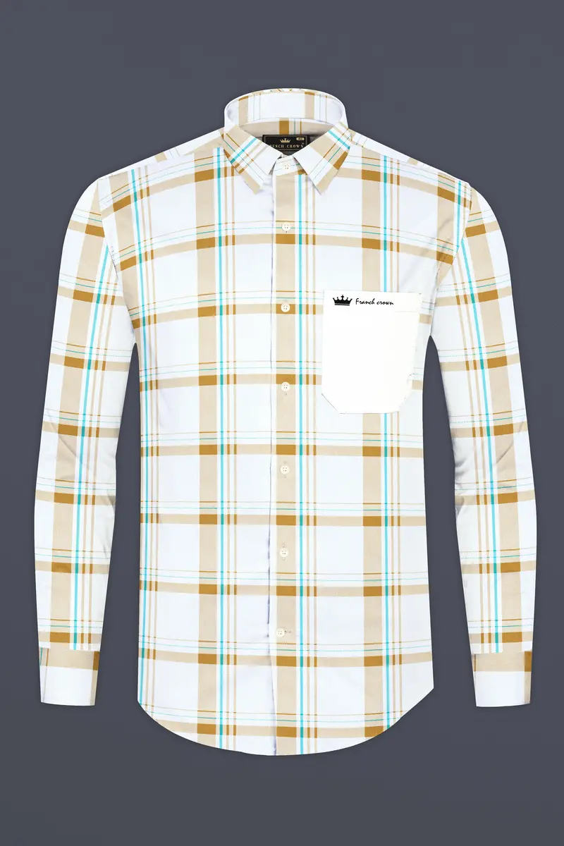 Bright White With Alpine Brown Plaid Premium Cotton Designer Shirt 6