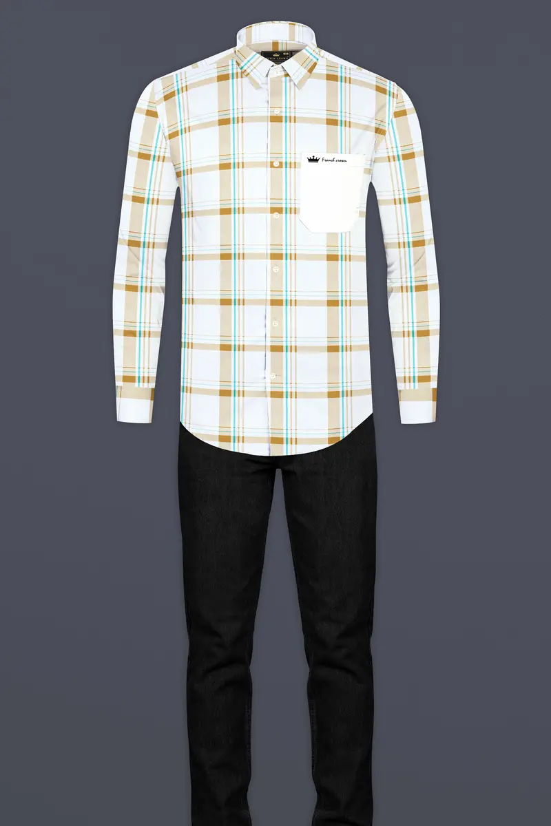 Bright White With Alpine Brown Plaid Premium Cotton Designer Shirt 8