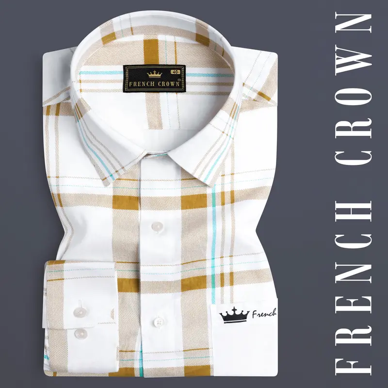 Bright White With Alpine Brown Plaid Premium Cotton Designer Shirt 9