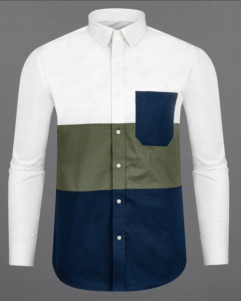 Bright White With Asparagus Green And Blue Block Pattern Dobby Designer Shirt 1