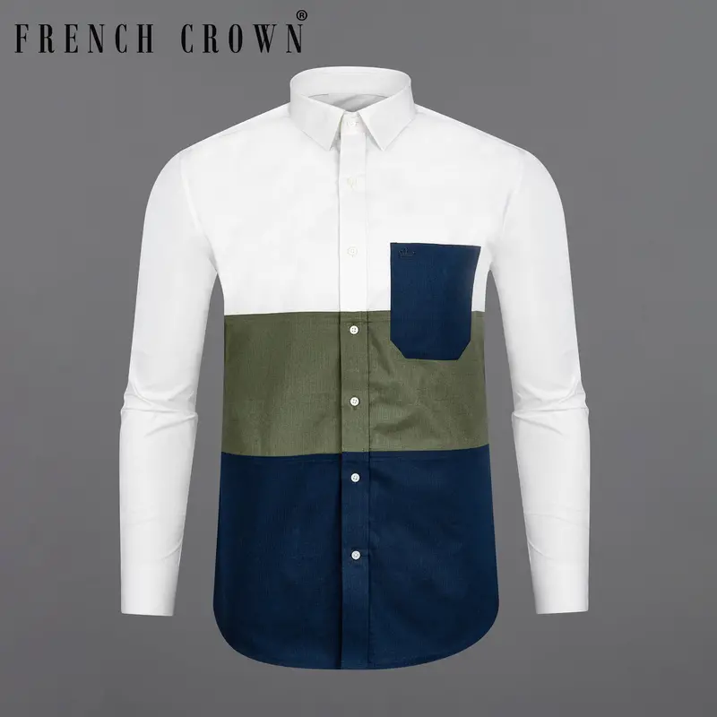 Bright White With Asparagus Green And Blue Block Pattern Dobby Designer Shirt 8