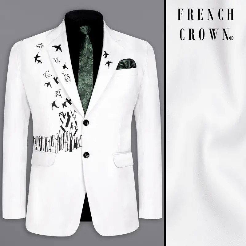 Bright White With Attractive Stretchable Hand Painted Single Breasted Designer Blazer 1