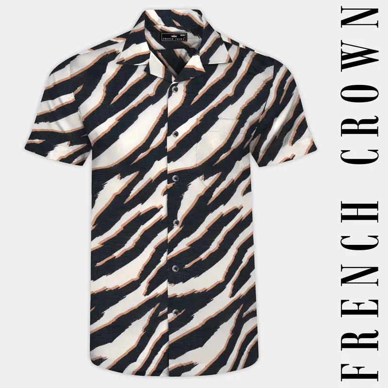 Bright White With  Baltic Black And Taupe Brown Zebra Printed Premium Tencel Shirt 1