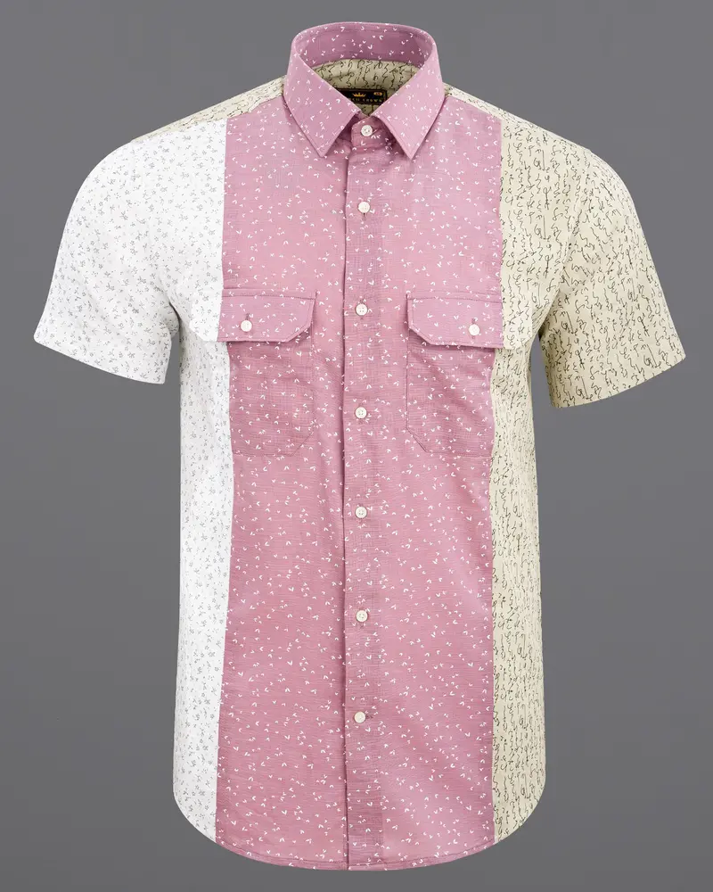 Bright White With Beige And Turkish Rose Printed Luxurious Linen Shirt 1