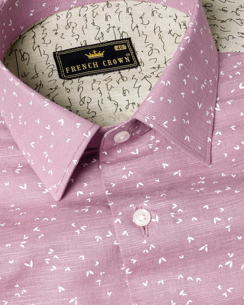 Bright White With Beige And Turkish Rose Printed Luxurious Linen Shirt 3