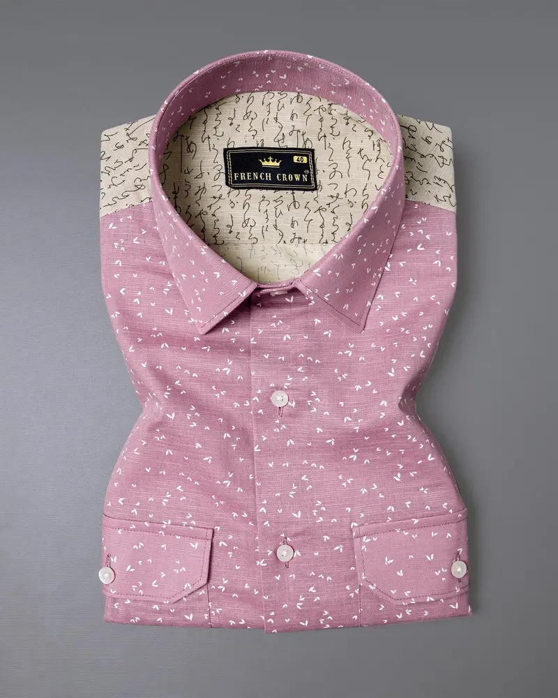 Bright White With Beige And Turkish Rose Printed Luxurious Linen Shirt 4