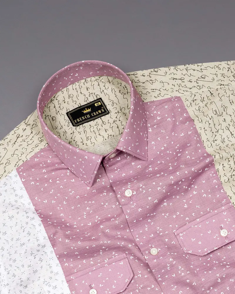 Bright White With Beige And Turkish Rose Printed Luxurious Linen Shirt 5