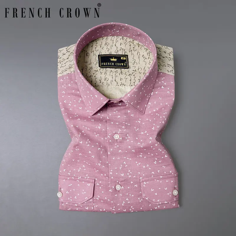 Bright White With Beige And Turkish Rose Printed Luxurious Linen Shirt 7
