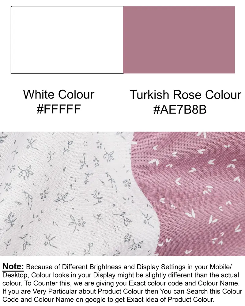 Bright White With Beige And Turkish Rose Printed Luxurious Linen Shirt 8