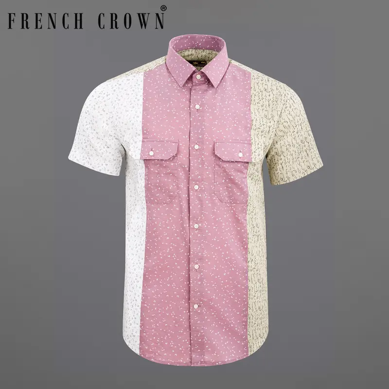 Bright White With Beige And Turkish Rose Printed Luxurious Linen Shirt 9