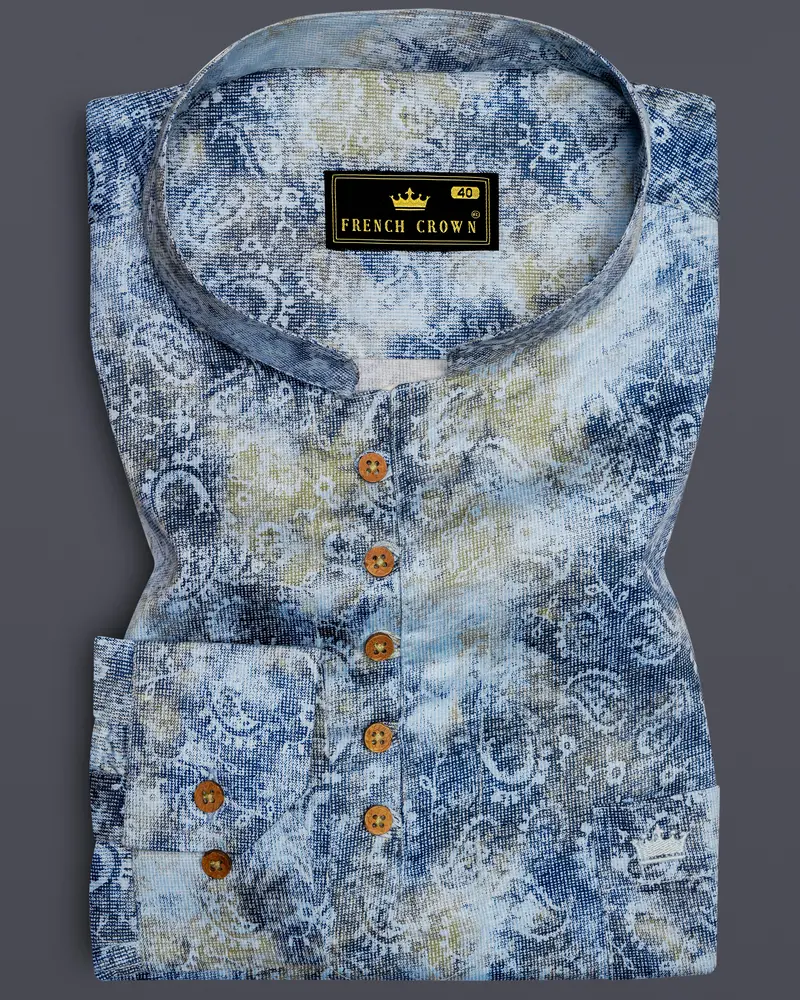Bright White With Bison Hide Brown And East Bay Blue Paisley Printed Premium Cotton Kurta Shirt 1