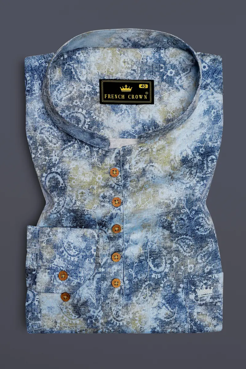Bright White With Bison Hide Brown And East Bay Blue Paisley Printed Premium Cotton Kurta Shirt 2