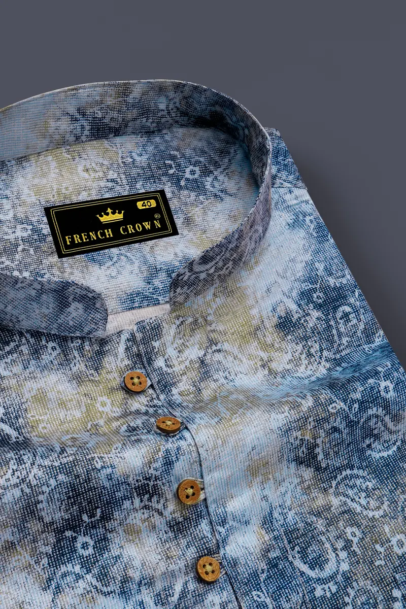 Bright White With Bison Hide Brown And East Bay Blue Paisley Printed Premium Cotton Kurta Shirt 4