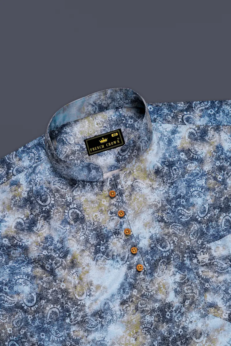 Bright White With Bison Hide Brown And East Bay Blue Paisley Printed Premium Cotton Kurta Shirt 5