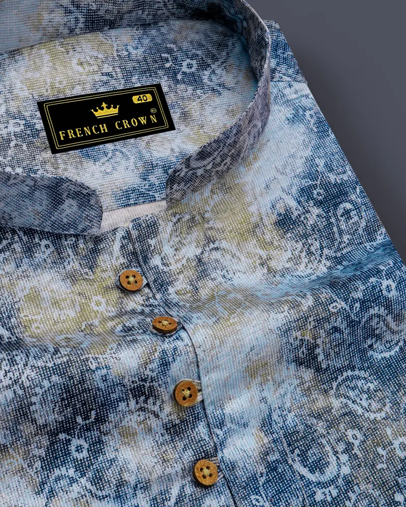 Bright White With Bison Hide Brown And East Bay Blue Paisley Printed Premium Cotton Kurta Shirt 6
