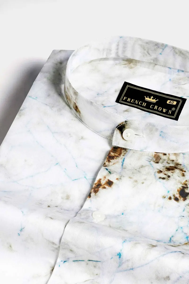 Bright White With Bistre Brown And Hoki Blue Tie Dye Printed Subtle Sheen Super Soft Premium Cotton Shirt 1