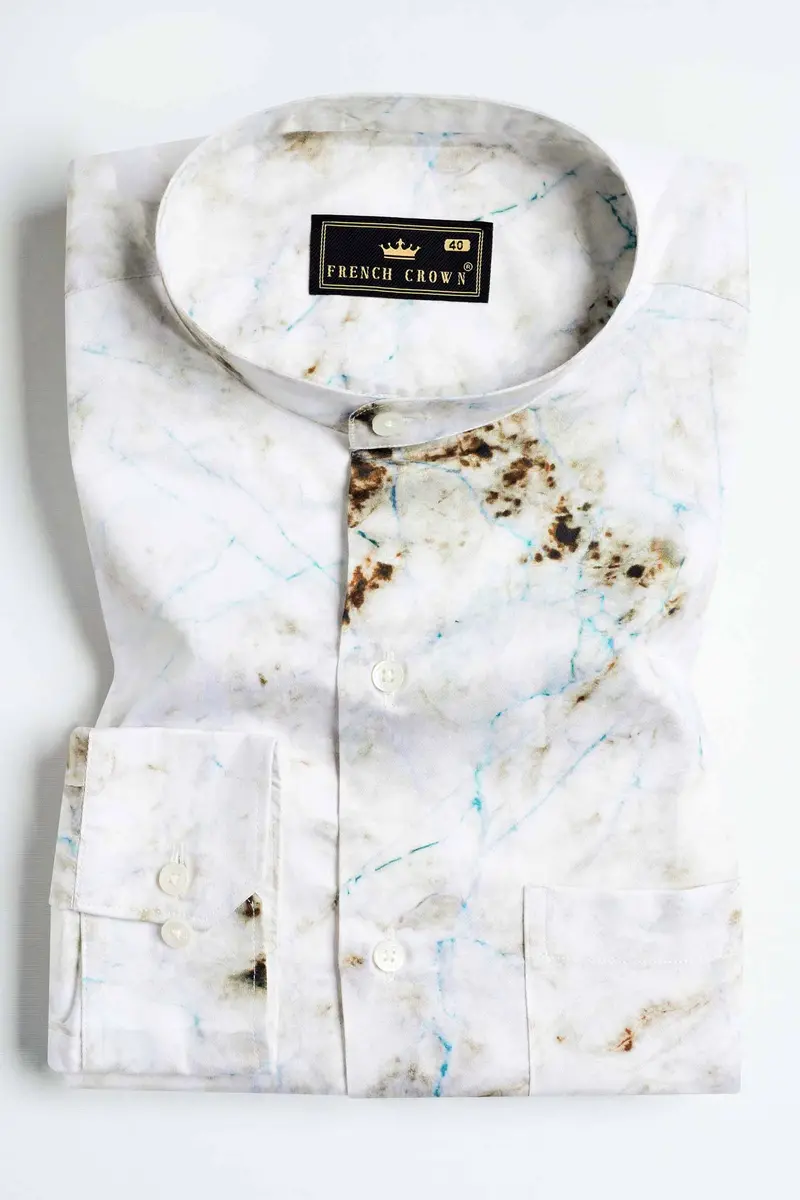 Bright White With Bistre Brown And Hoki Blue Tie Dye Printed Subtle Sheen Super Soft Premium Cotton Shirt 3