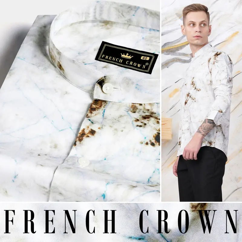 Bright White With Bistre Brown And Hoki Blue Tie Dye Printed Subtle Sheen Super Soft Premium Cotton Shirt 4