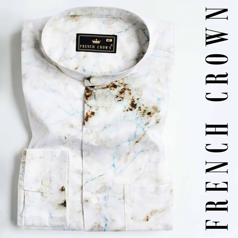 Bright White With Bistre Brown And Hoki Blue Tie Dye Printed Subtle Sheen Super Soft Premium Cotton Shirt 6