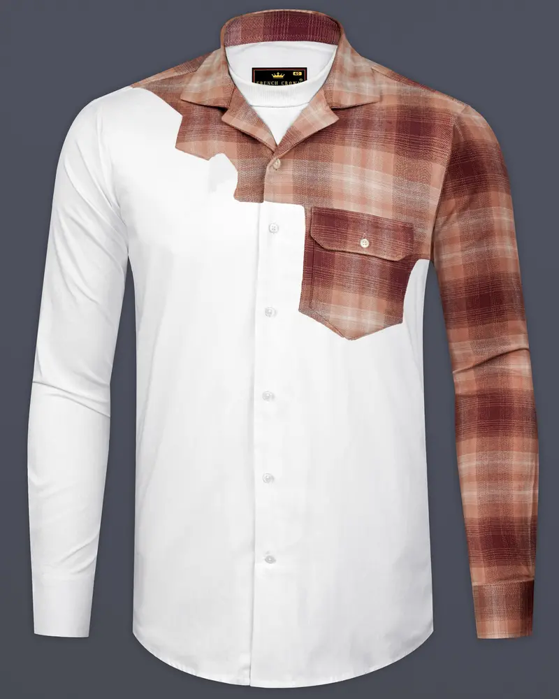 Bright White With Bizarre Brown Checkered Chambray Designer Shirt 1