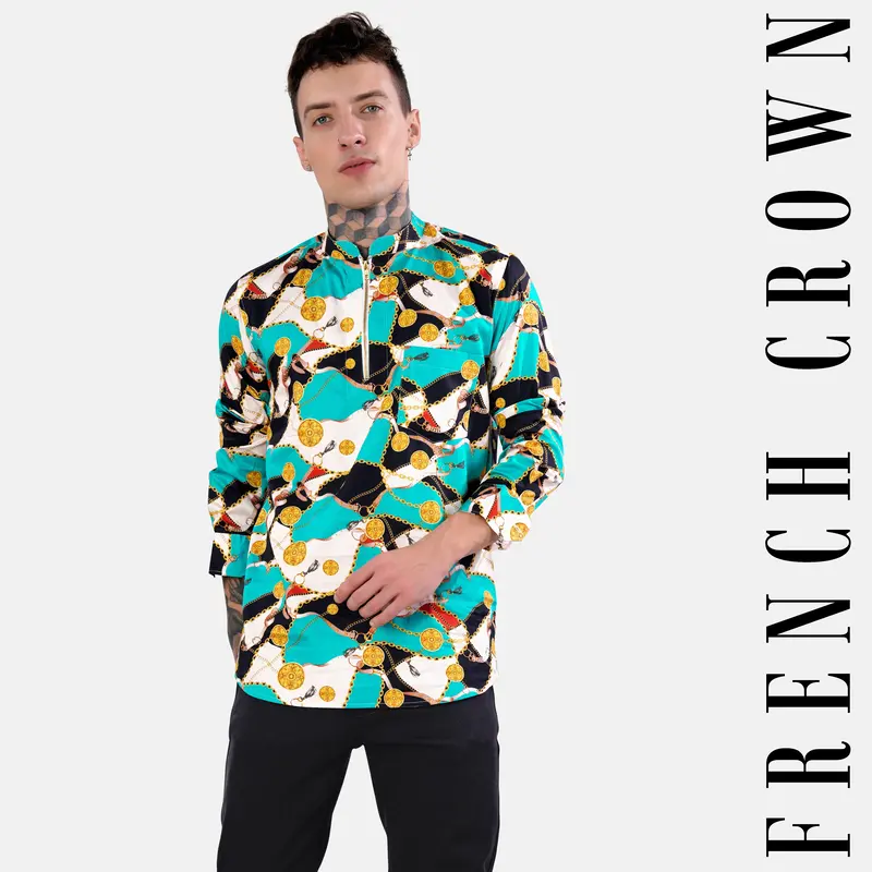 Bright White With Black And Caribbean Blue Funky Printed Subtle Sheen Super Soft Premium Cotton Shirt 1