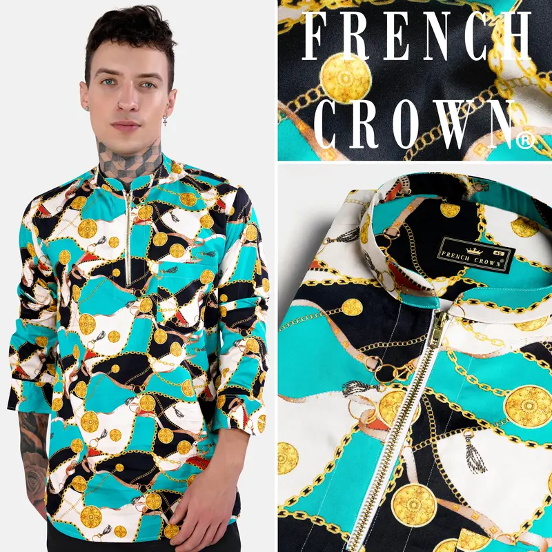 Bright White With Black And Caribbean Blue Funky Printed Subtle Sheen Super Soft Premium Cotton Shirt 10