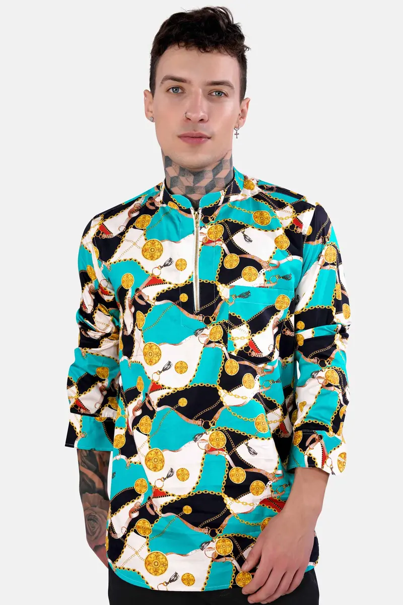 Bright White With Black And Caribbean Blue Funky Printed Subtle Sheen Super Soft Premium Cotton Shirt 2