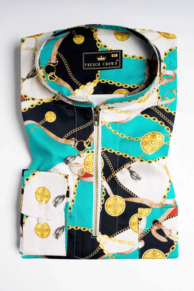 Bright White With Black And Caribbean Blue Funky Printed Subtle Sheen Super Soft Premium Cotton Shirt 5