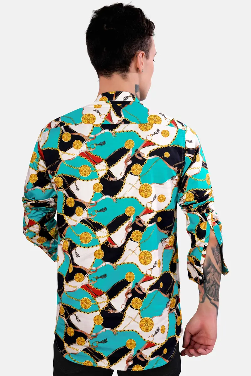 Bright White With Black And Caribbean Blue Funky Printed Subtle Sheen Super Soft Premium Cotton Shirt 7