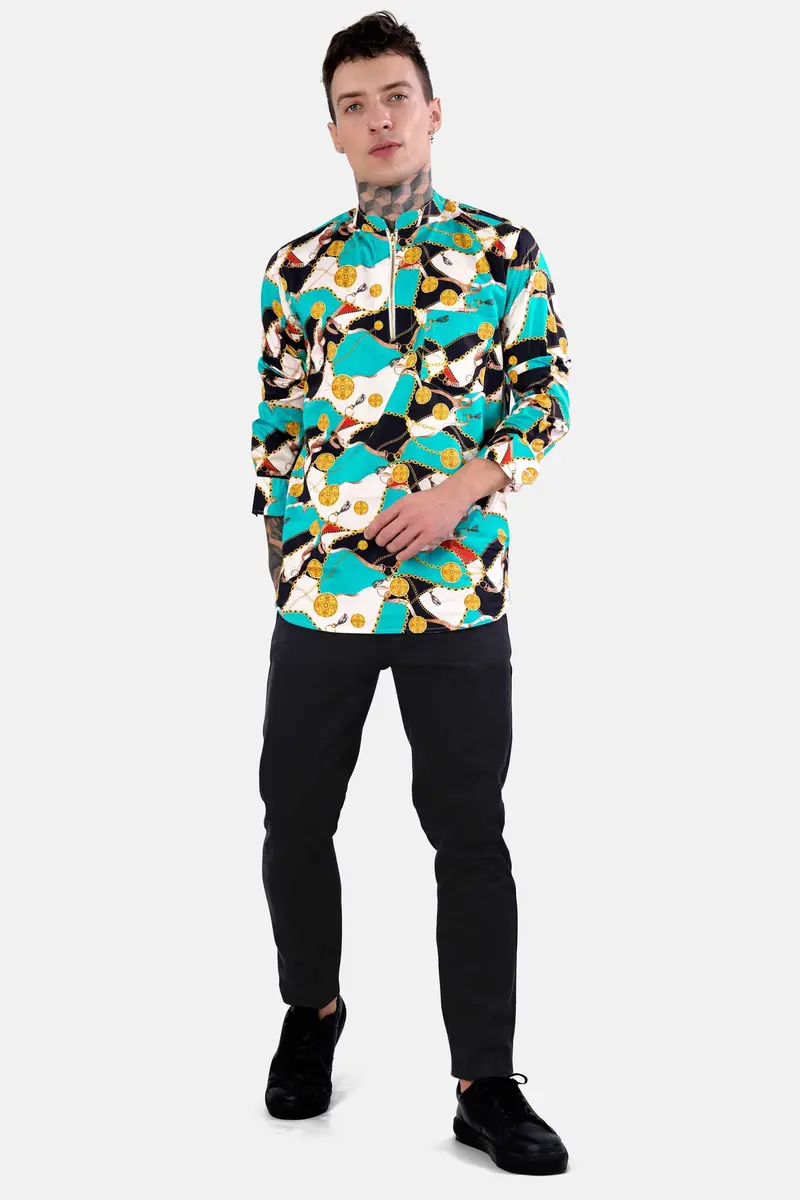 Bright White With Black And Caribbean Blue Funky Printed Subtle Sheen Super Soft Premium Cotton Shirt 8