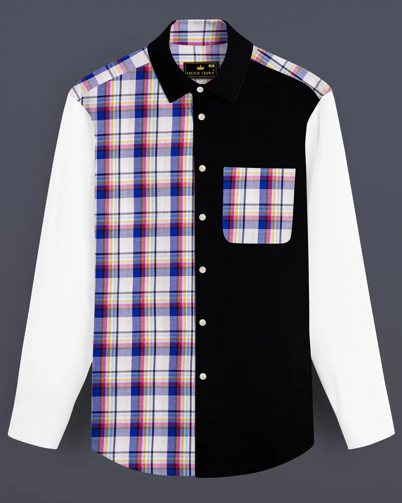 Bright White With Black And Cobalt Blue Checkered Super Soft Premium Cotton Designer Shirt 1