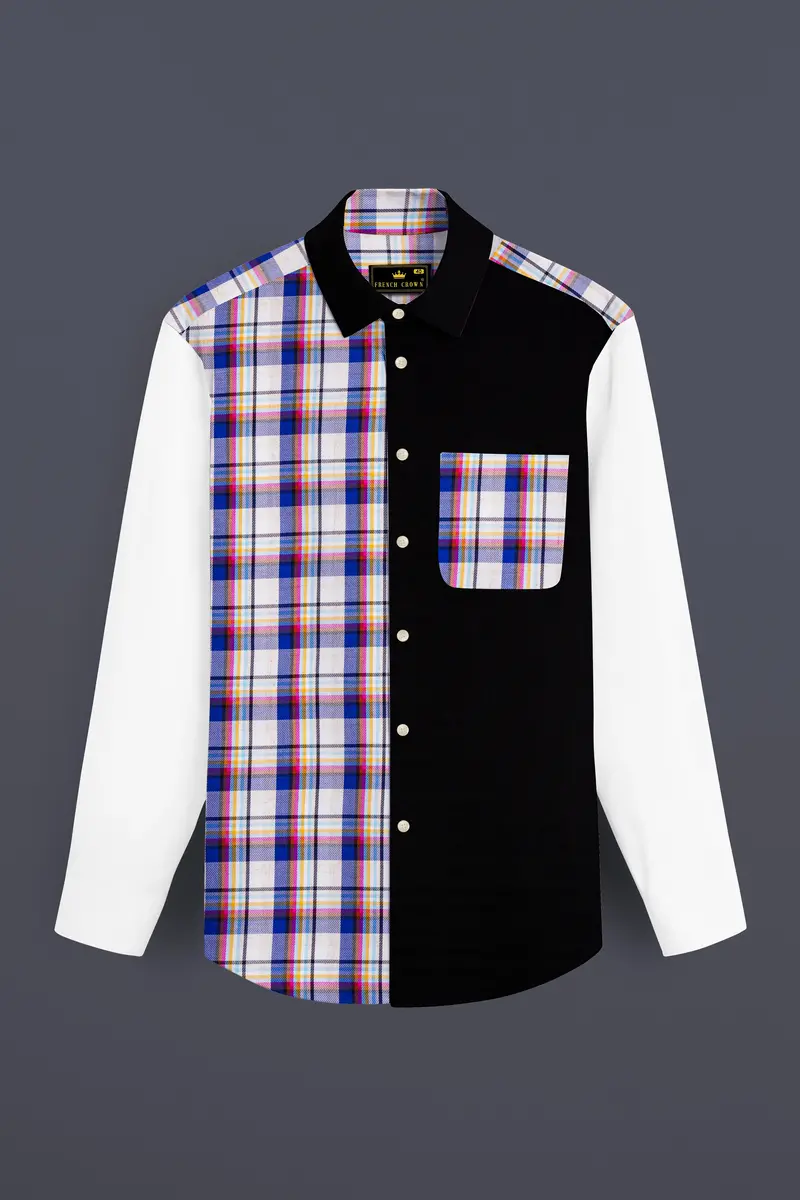 Bright White With Black And Cobalt Blue Checkered Super Soft Premium Cotton Designer Shirt 2