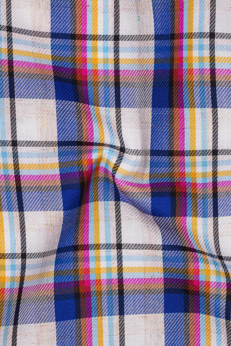Bright White With Black And Cobalt Blue Checkered Super Soft Premium Cotton Designer Shirt 3