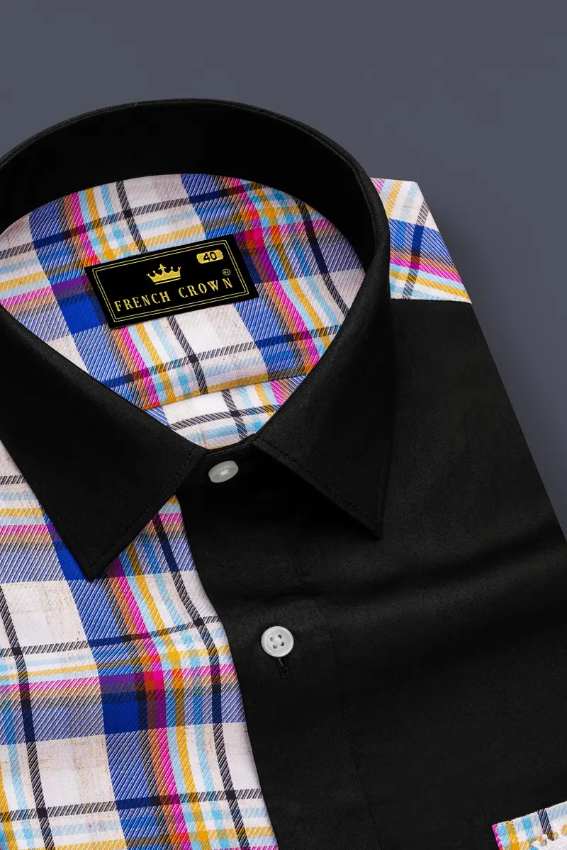 Bright White With Black And Cobalt Blue Checkered Super Soft Premium Cotton Designer Shirt 4