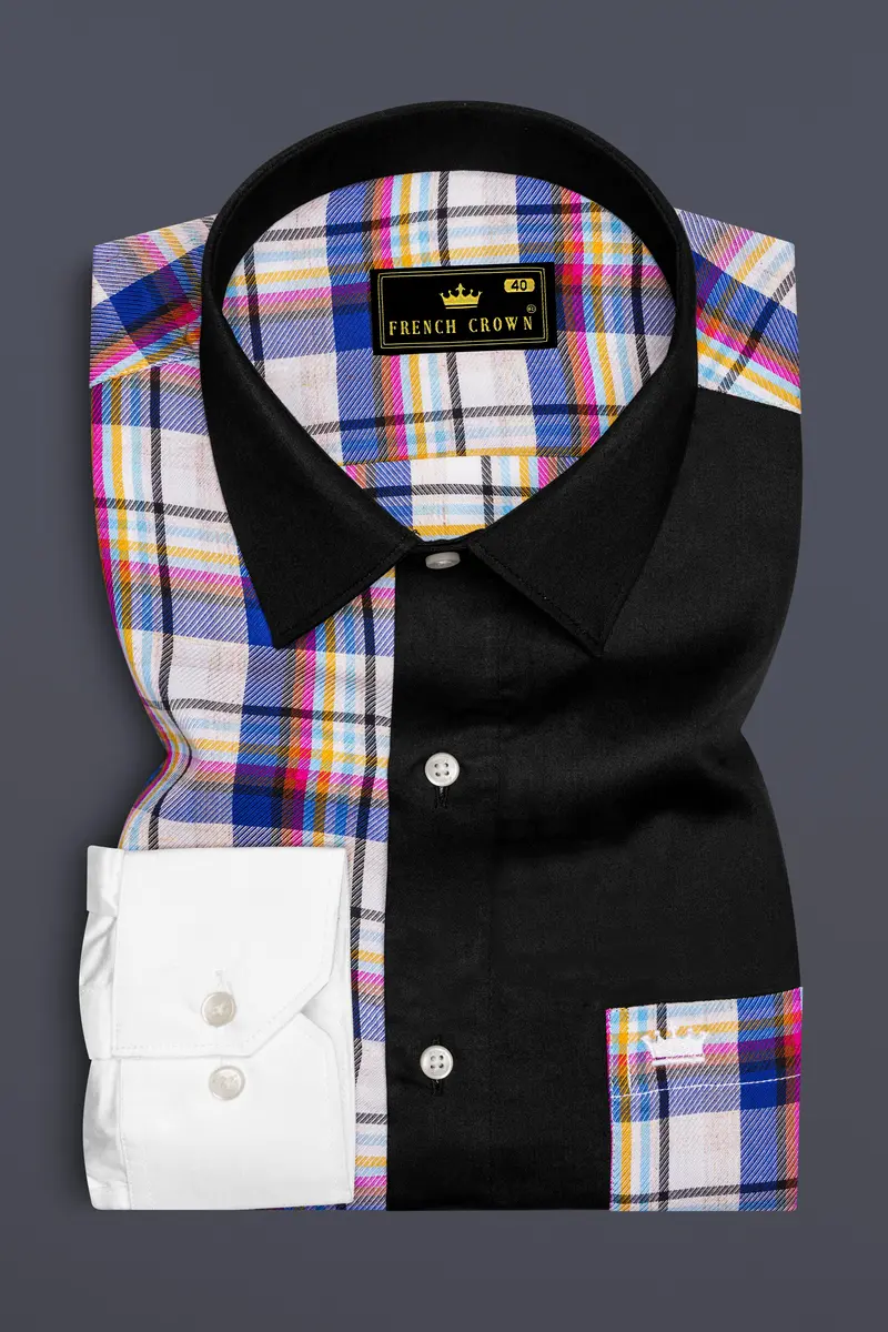 Bright White With Black And Cobalt Blue Checkered Super Soft Premium Cotton Designer Shirt 5