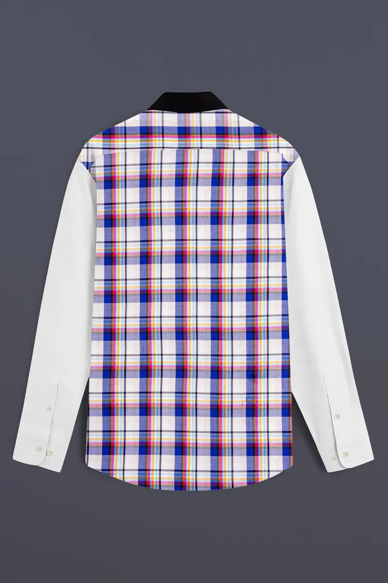 Bright White With Black And Cobalt Blue Checkered Super Soft Premium Cotton Designer Shirt 7