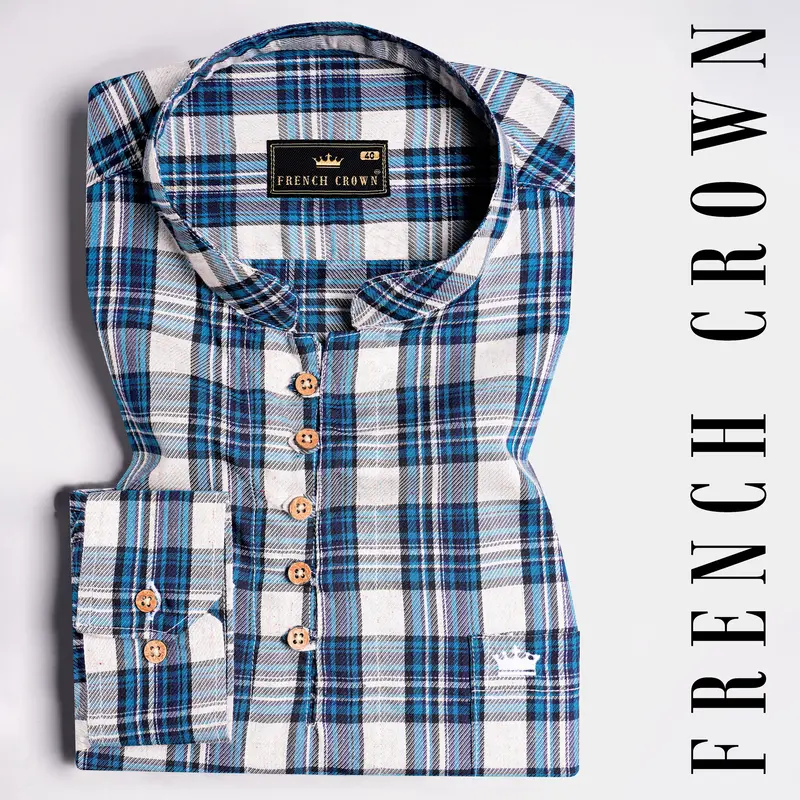 Bright White With Black And Glacial Blue Plaid Twill Premium Cotton Kurta Shirt 1
