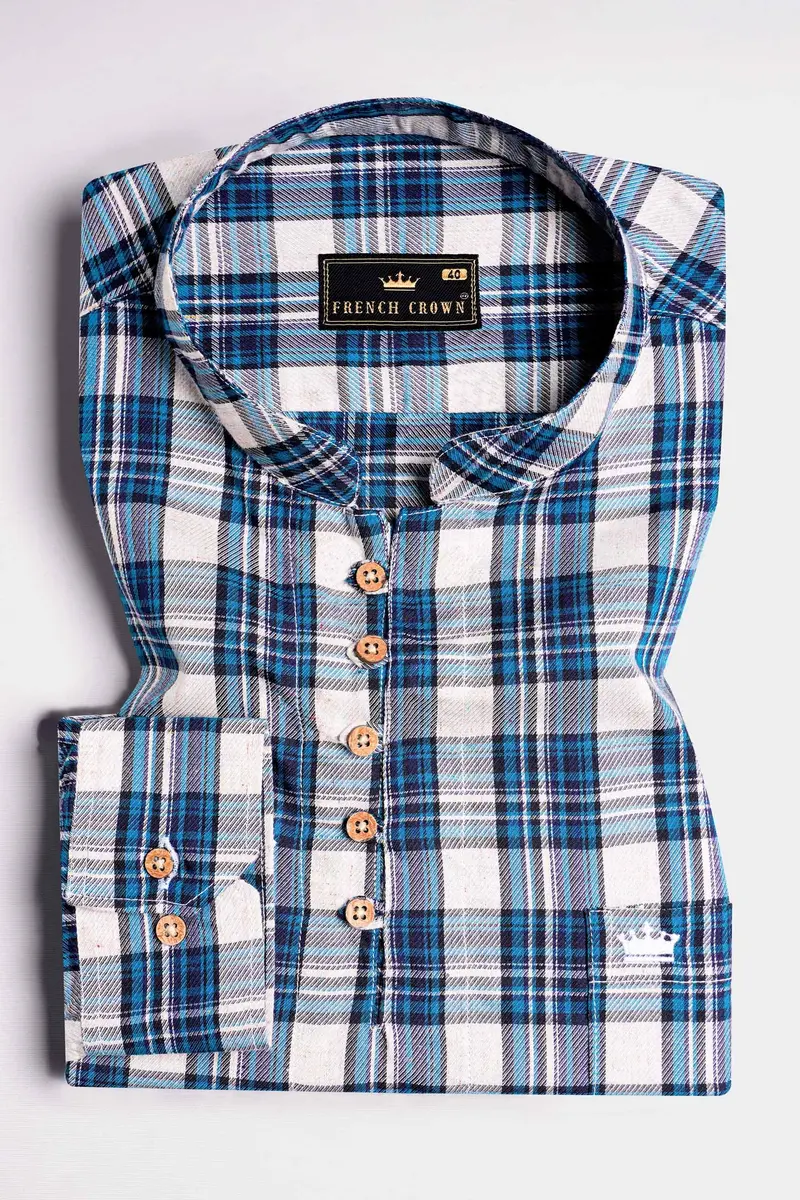 Bright White With Black And Glacial Blue Plaid Twill Premium Cotton Kurta Shirt 2