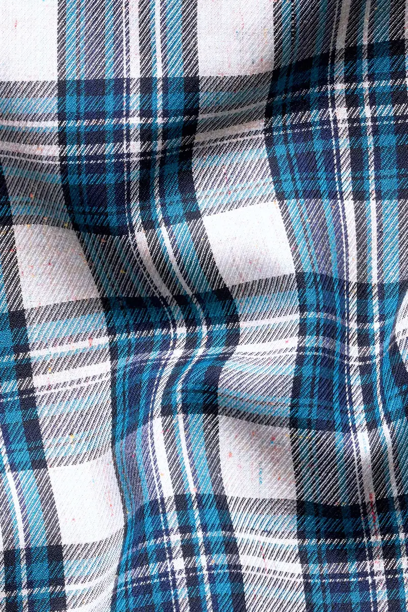 Bright White With Black And Glacial Blue Plaid Twill Premium Cotton Kurta Shirt 3