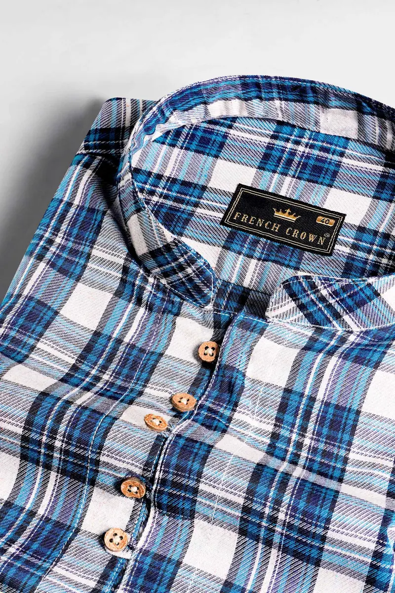 Bright White With Black And Glacial Blue Plaid Twill Premium Cotton Kurta Shirt 4