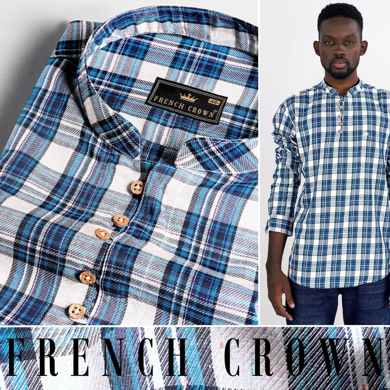 Bright White With Black And Glacial Blue Plaid Twill Premium Cotton Kurta Shirt 5